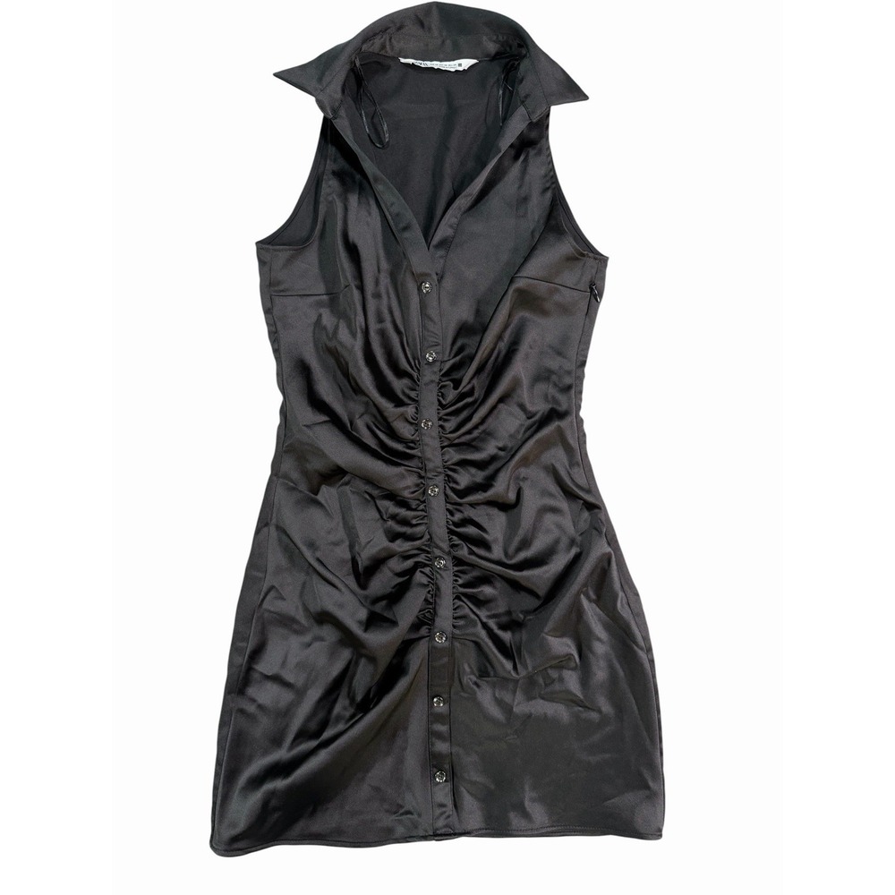 Zara Black Satin Shirt Mini Dress Sleeveless Collared Ruched Button Front 24